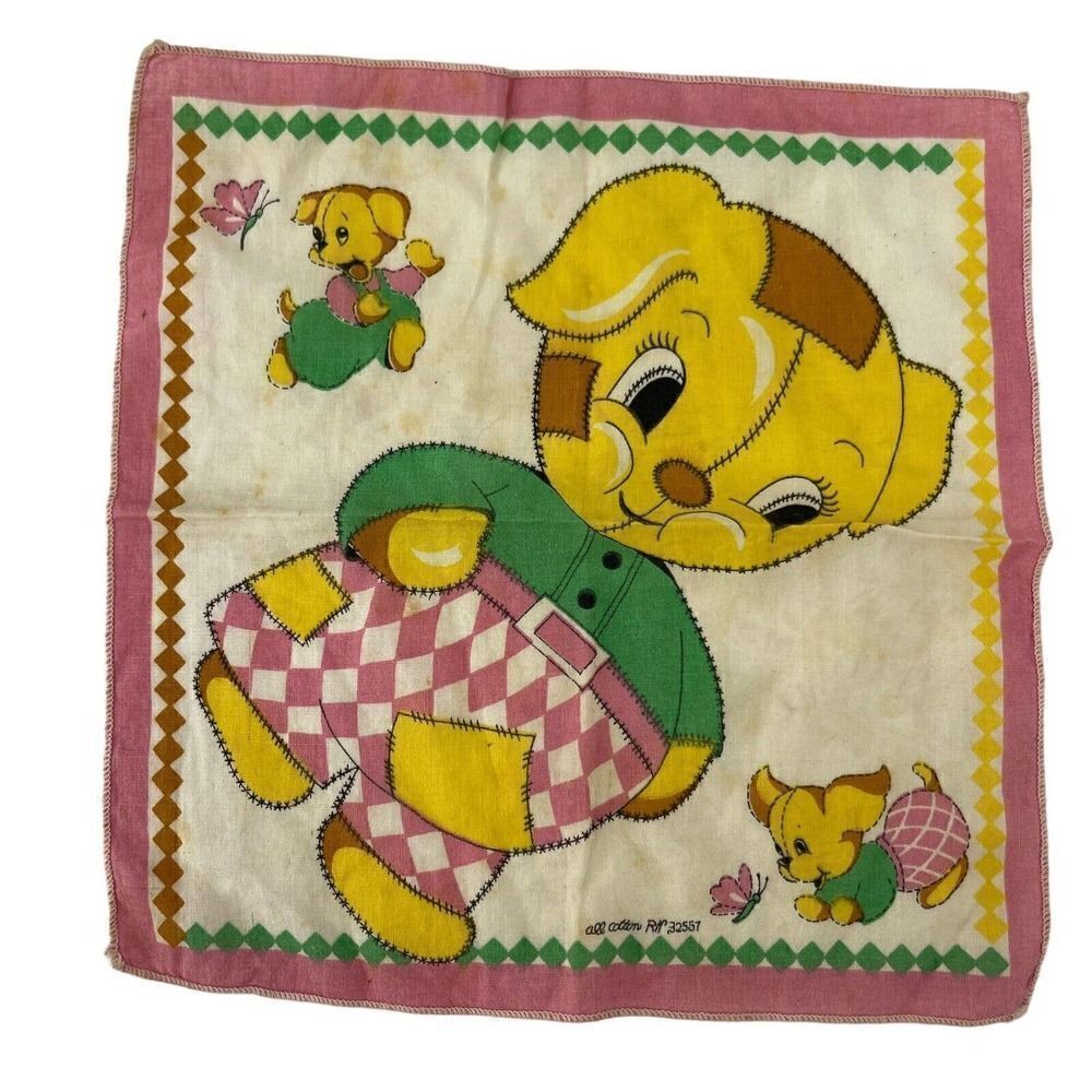 Vintage Handkerchief Mid Century 1950s Puppy Patchwork Pink Cotton Square 8x8 In
